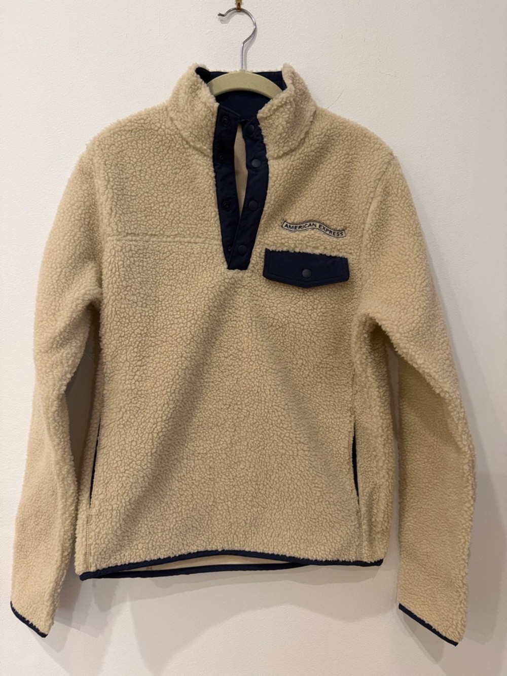 American Express Port Authority Cream Sherpa Pullover with Navy Accents